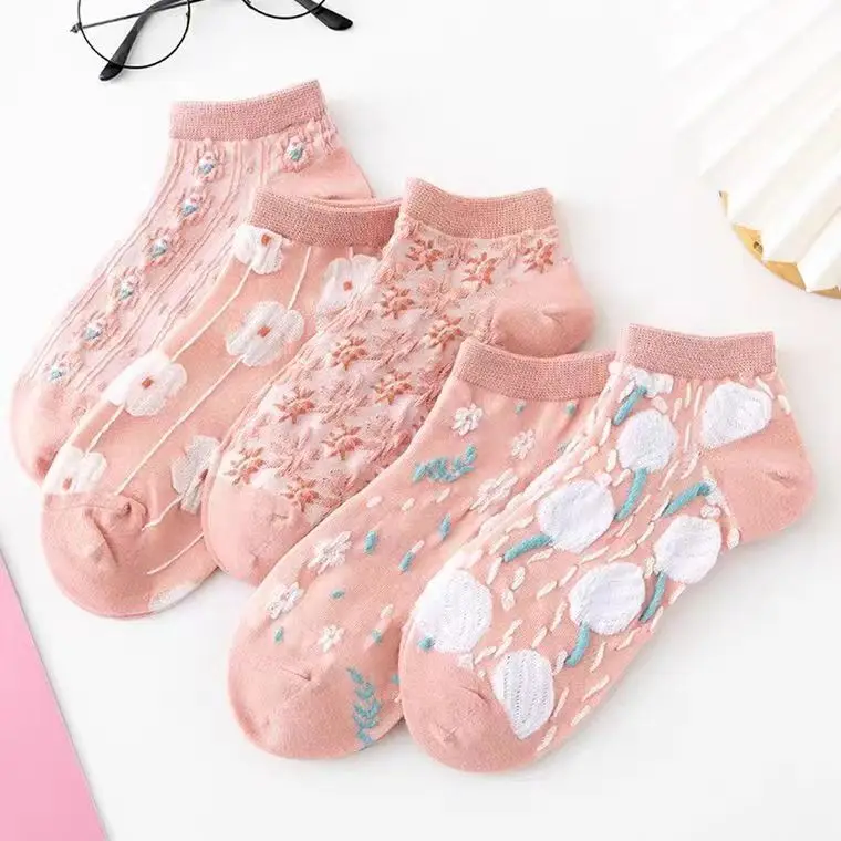 5 Paar Kawaii süße Blumen-3D-strukturierte Söckchen – dünne, niedrig geschnittene Strümpfe im Vintage-Stil für Damen, rosa Bootssocken, weiblich – Detail 7