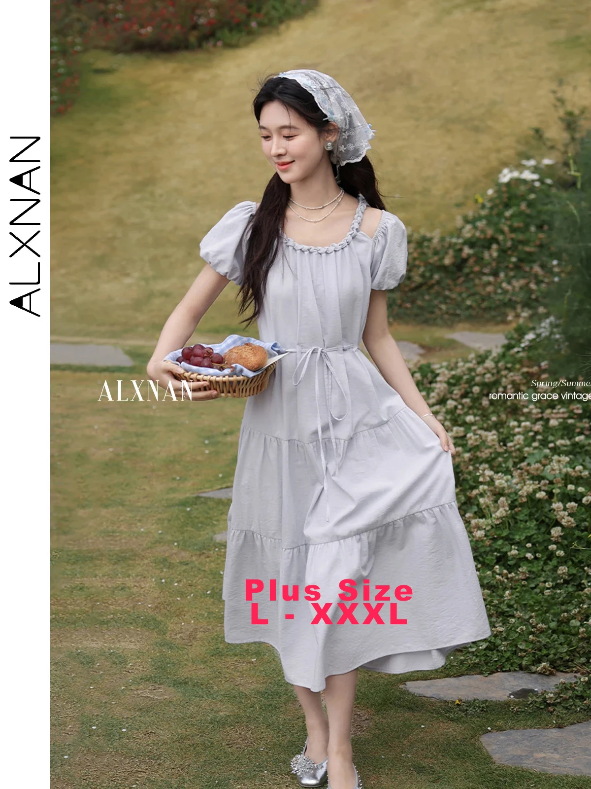 

ALXNAN Plus Size Women's Long Dress Blue Elegant Off-shoulder Holiday Party Dress 2025 Summer Puff Sleeves Midi Clothing D10363
