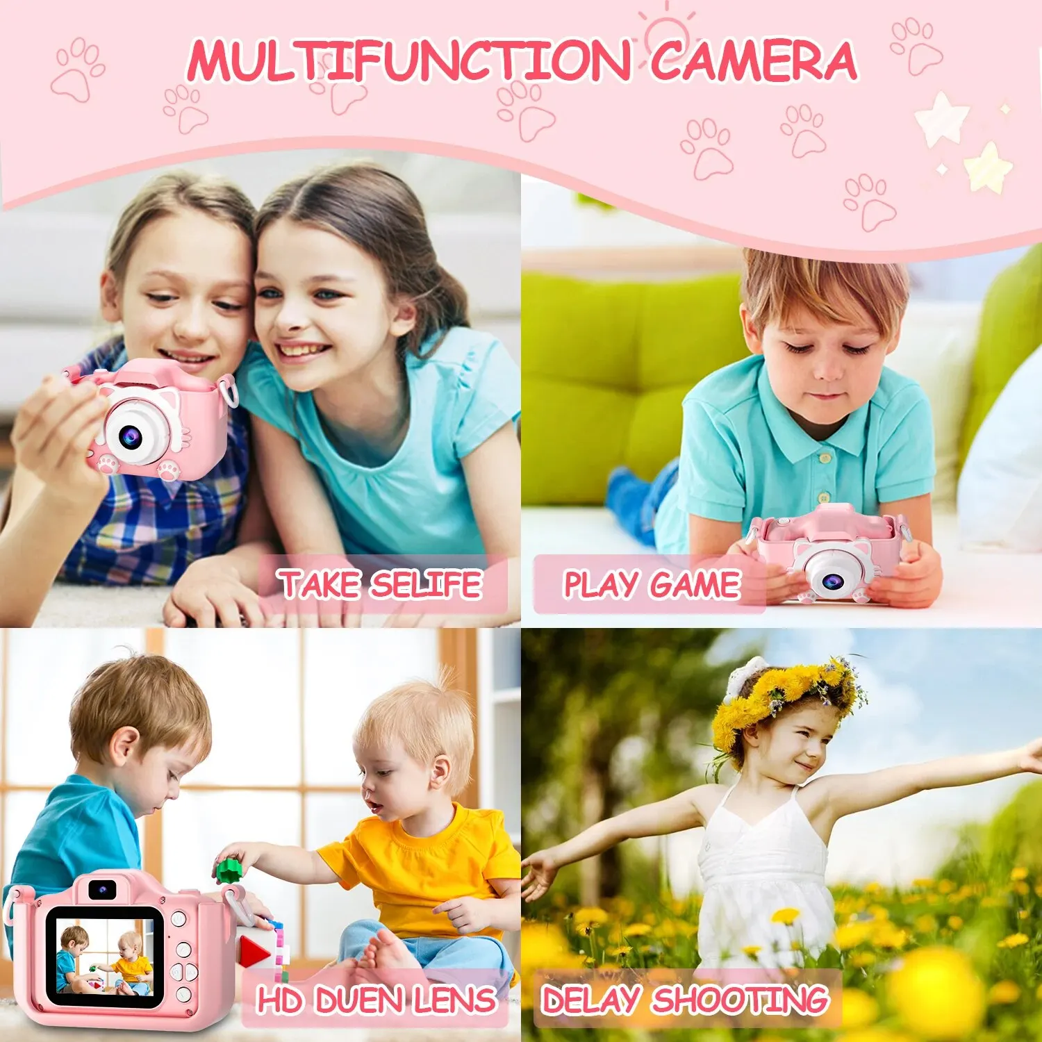 Kids Camera Toys Boys Girls Children Digital Camera For Kid Cat Suitable Toddler Selfie Video Birthday Festival Toy For Children