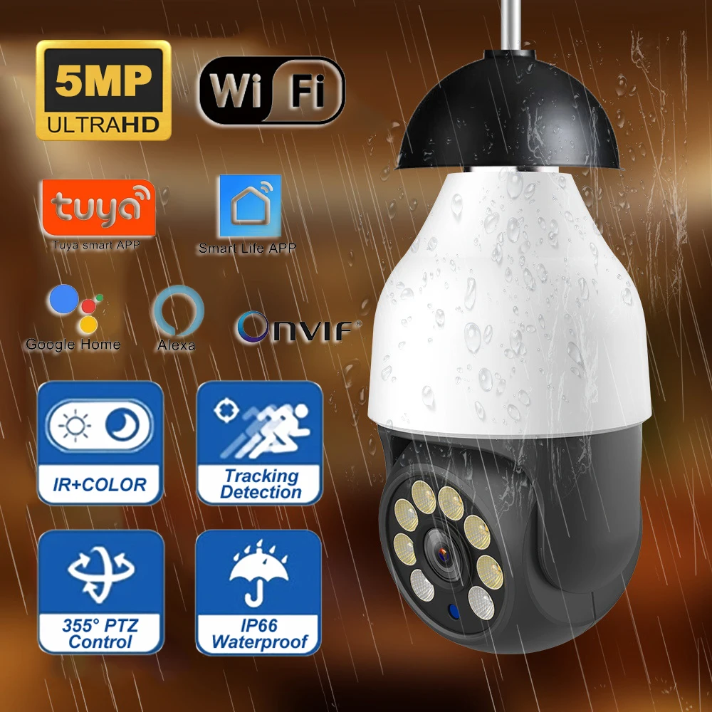 NUOFANG Tuya 5MP Bulb Camera WiFi Smart Life PTZ IP CCTV Outdoor Night Vision Security Video Bulb Surveillance Camera