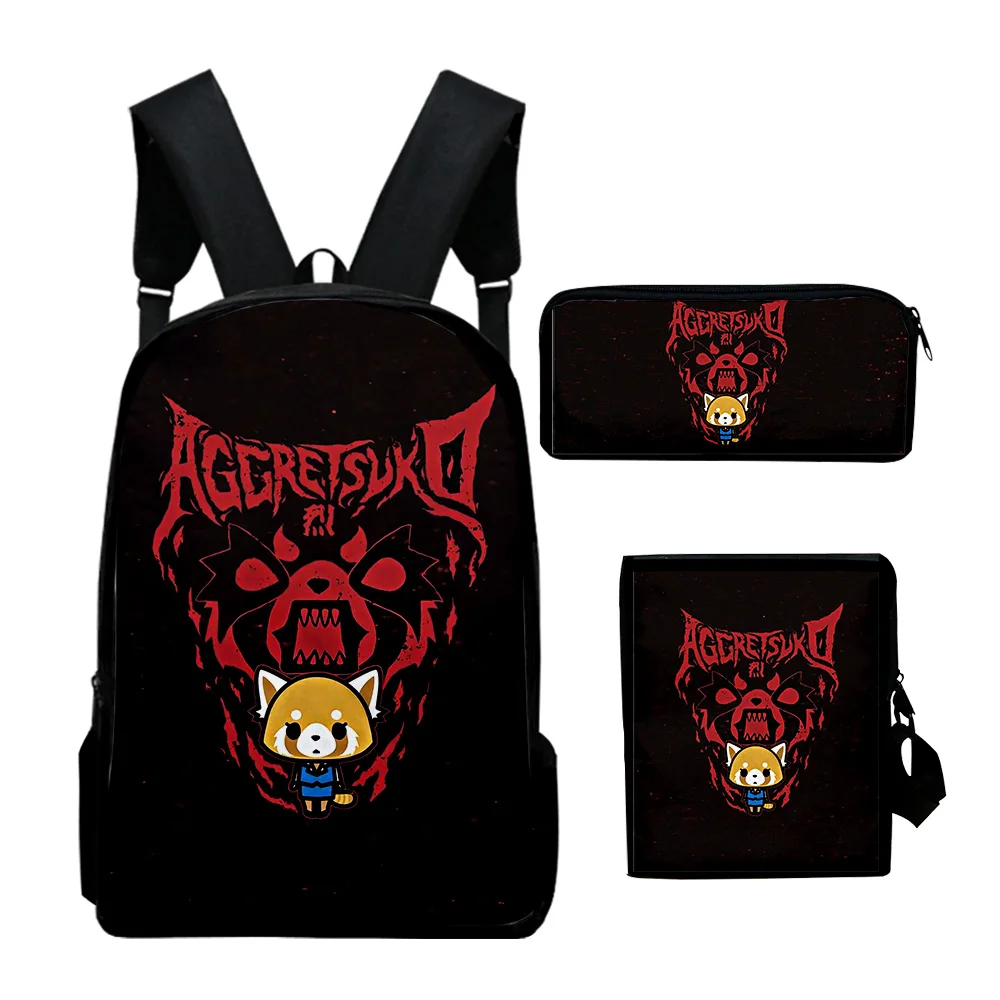 Aggretsuko-Mochila clásica con estampado 3D de Anime, bolso escolar para pupilas, mochila para portátil, bolso de hombro inclinado, estuche para lápices, 3 unidades por juego