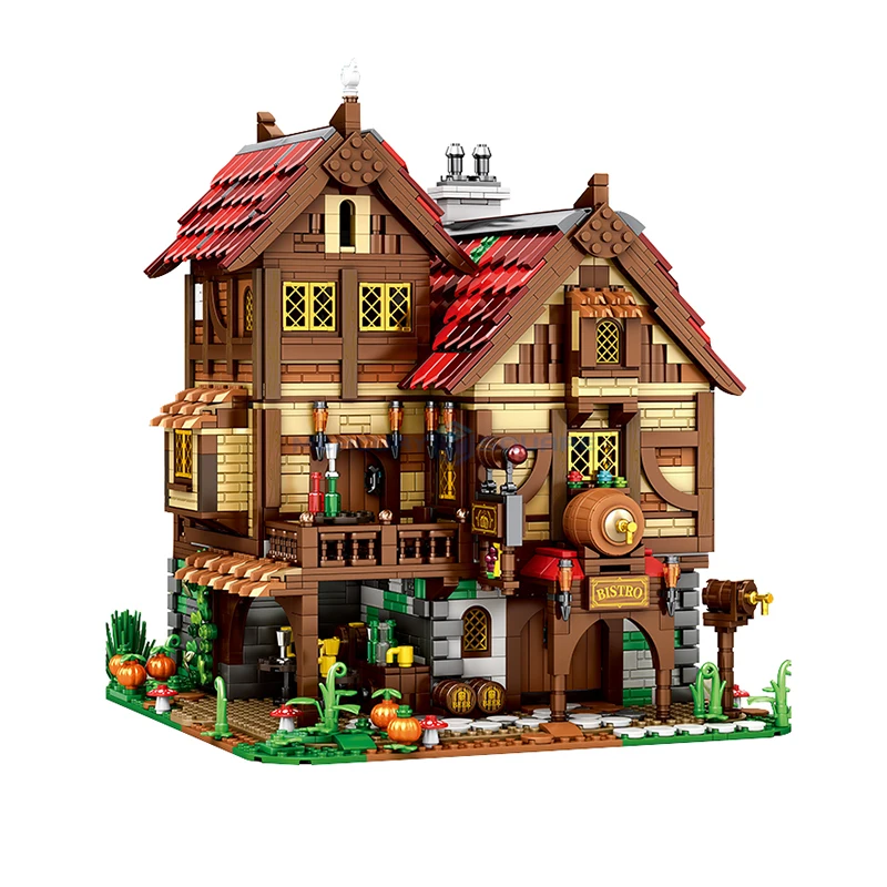 Mittelalterliche Taverne MOC 66018 Inn Architektur Ziegel Holzhaus Modulare Modellbausteine Geschenkideen DIY Spielzeug Kit Kinder Erwachsene