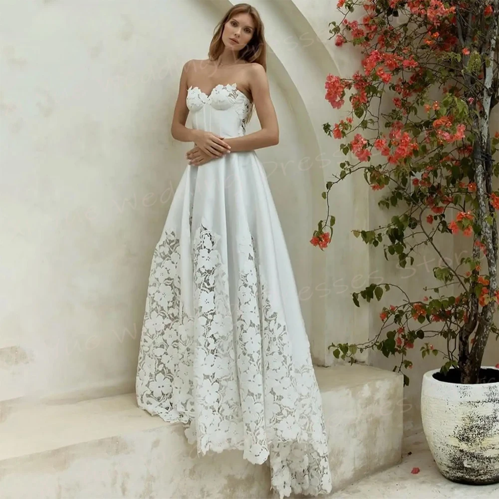 2025 Elegant Satin A Line Wedding Dresses For Women Lace Appliques Bride Gowns Charming Sweetheart Sleeveless Vestido De Novia