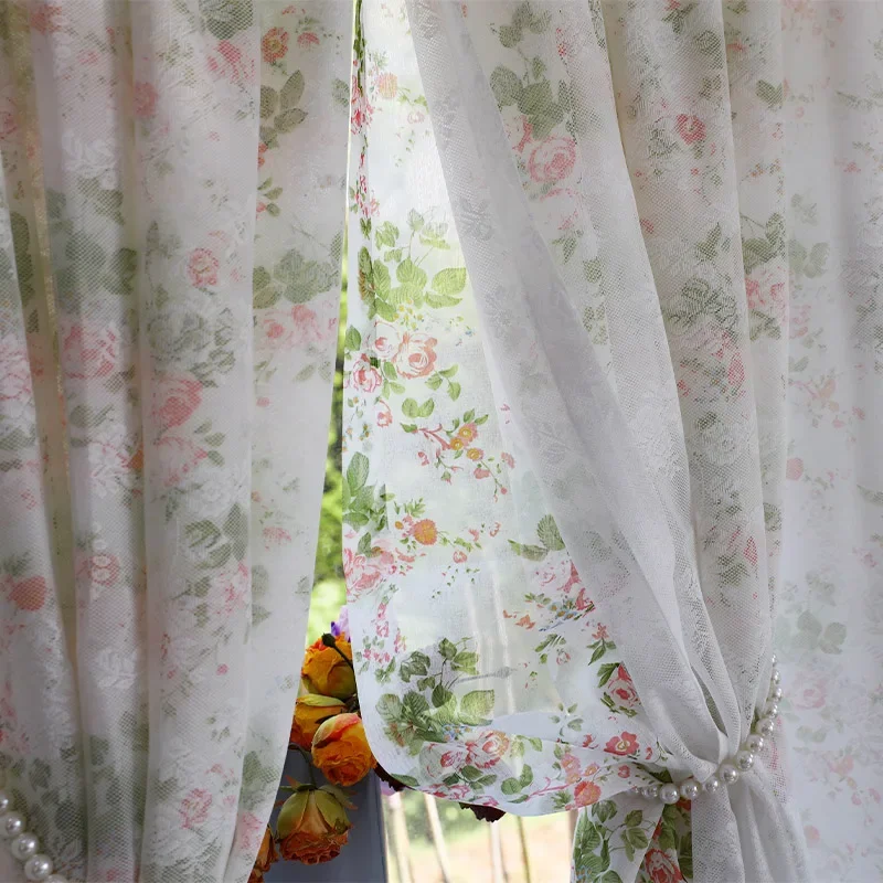 Idyllic Rural Flowers Window Tulle Door Curtains Elegant Floral Double Layer Lace Curtains for Kitchen Balcony #A147