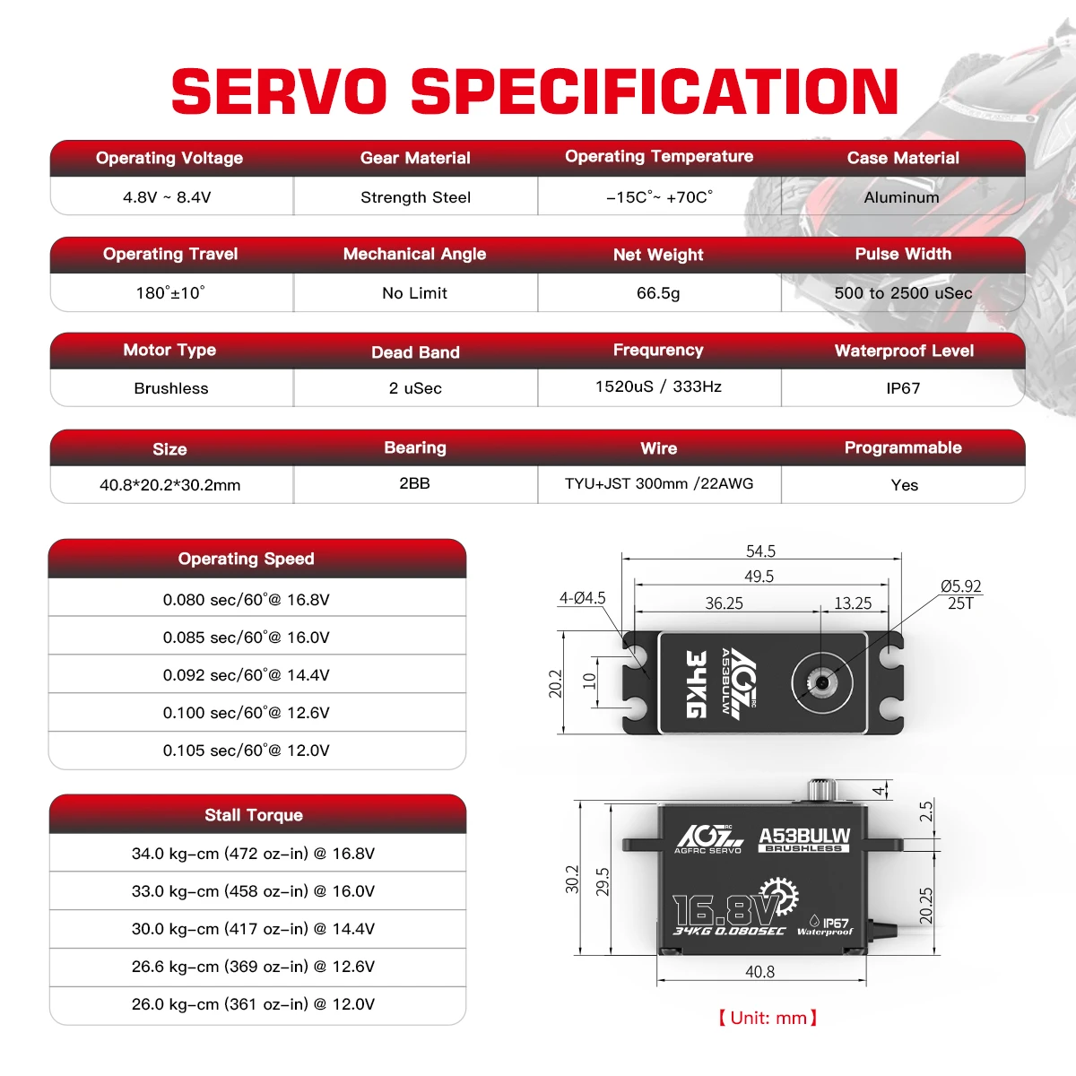 AGFRC Low Profile A53BULW 3S/4S 34KG High Torque Programmable Brushless Servo for 1/10 Scale RC Car Crawler Buggy Racing Boat