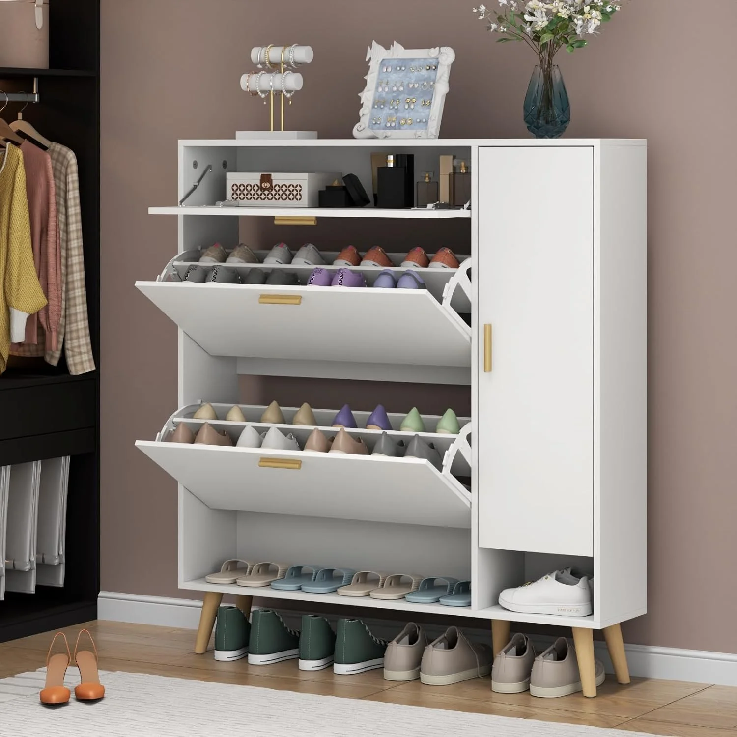 xx-Modern  Wood Shoe Cabinet with 3 Flip Drawers Storage Bottom Open Shelf Wood Shoe Rack Door Inner Shelves for Living Room*