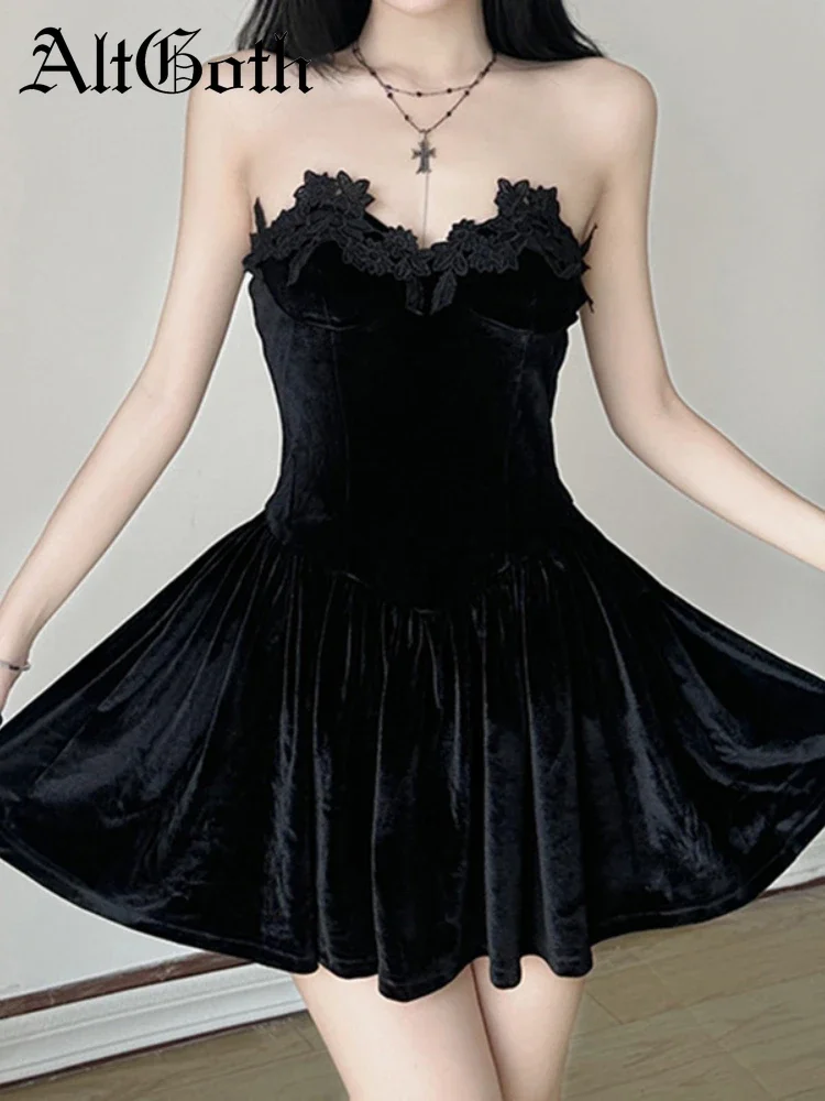 

AltGoth Aesthetic Sweet Velvet Dress Women Mall Goth Elegant Emboridery Strapless High Waist A-line Dress Fairy Grunge Partywear