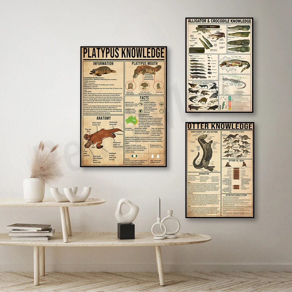 Otter information poster, crocodile information print, platypus information poster, platypus art, educational wall decoration