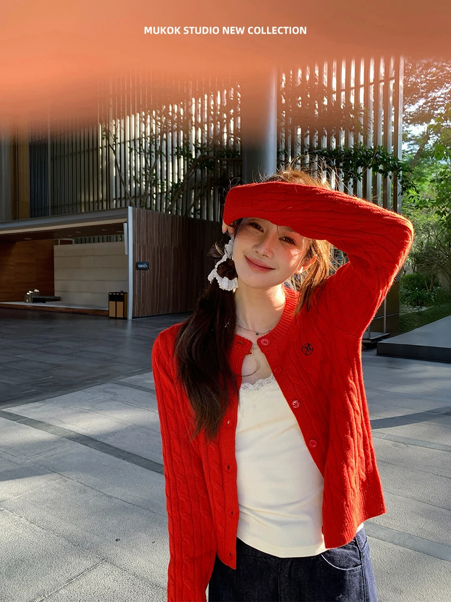 

Красный вязаный тонкий женский кардиган MUKOK с открытым передом, весна-осень, простая верхняя одежда, фактурный узор с косами, длинный рукав