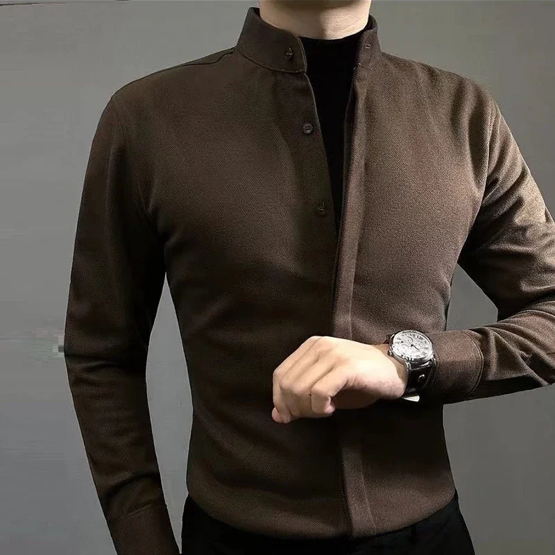 

Spring Autumn Male Stand Collar Thick Warm Bottoming Shirt Long Sleeve Casual Fashion Vintage Buttons Blouse Men Top