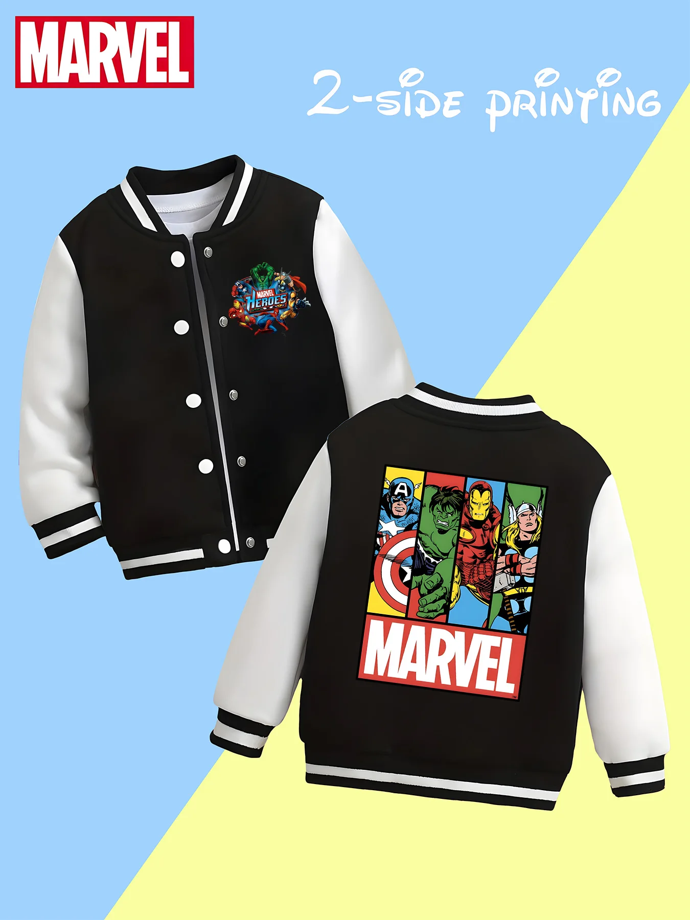 

MINISO Marvel Boys' Baseball Jacket - Avengers Hero Print, Double-sided Pattern, Comfortable Fabric, Black and White, Fashionabl