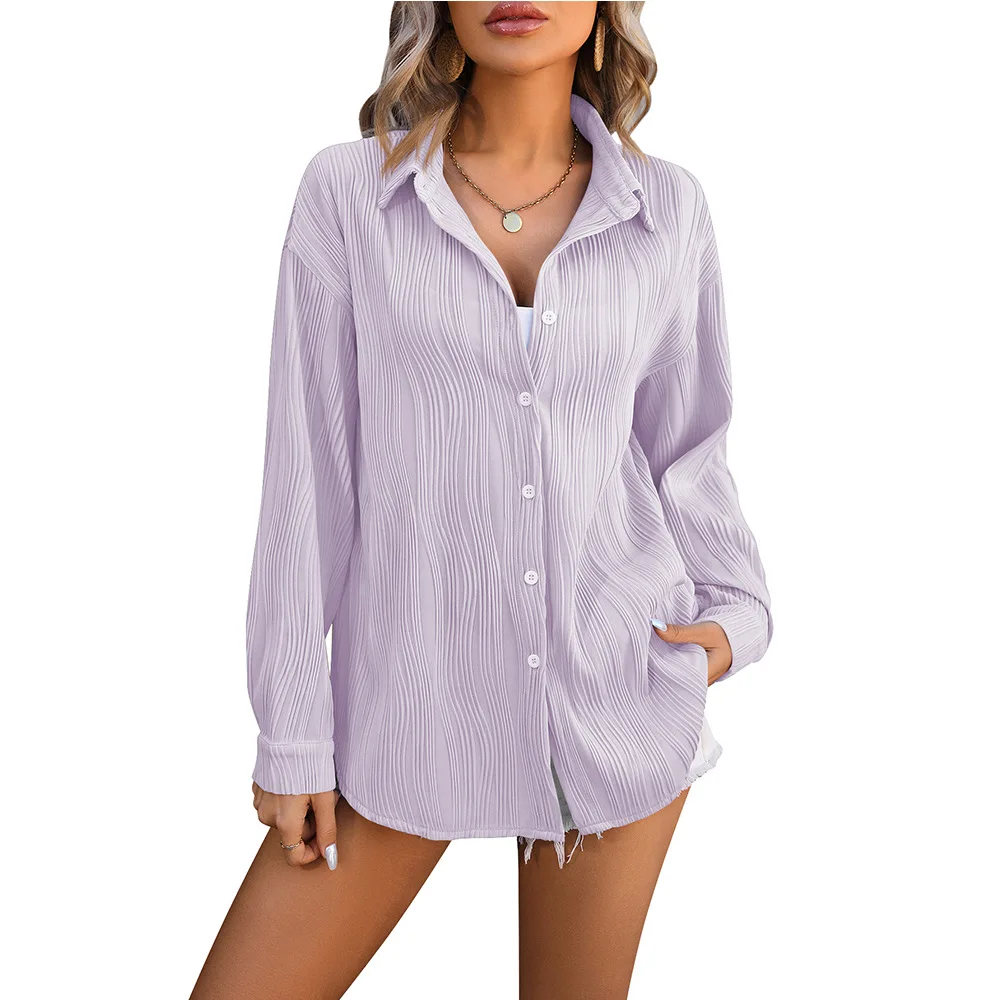 Women's Spring and Summer Long-sleeved Lapel Shirt Wavy Jacquard Pattern Texture Solid Color Loose Fashion Shirt  Women Clothes