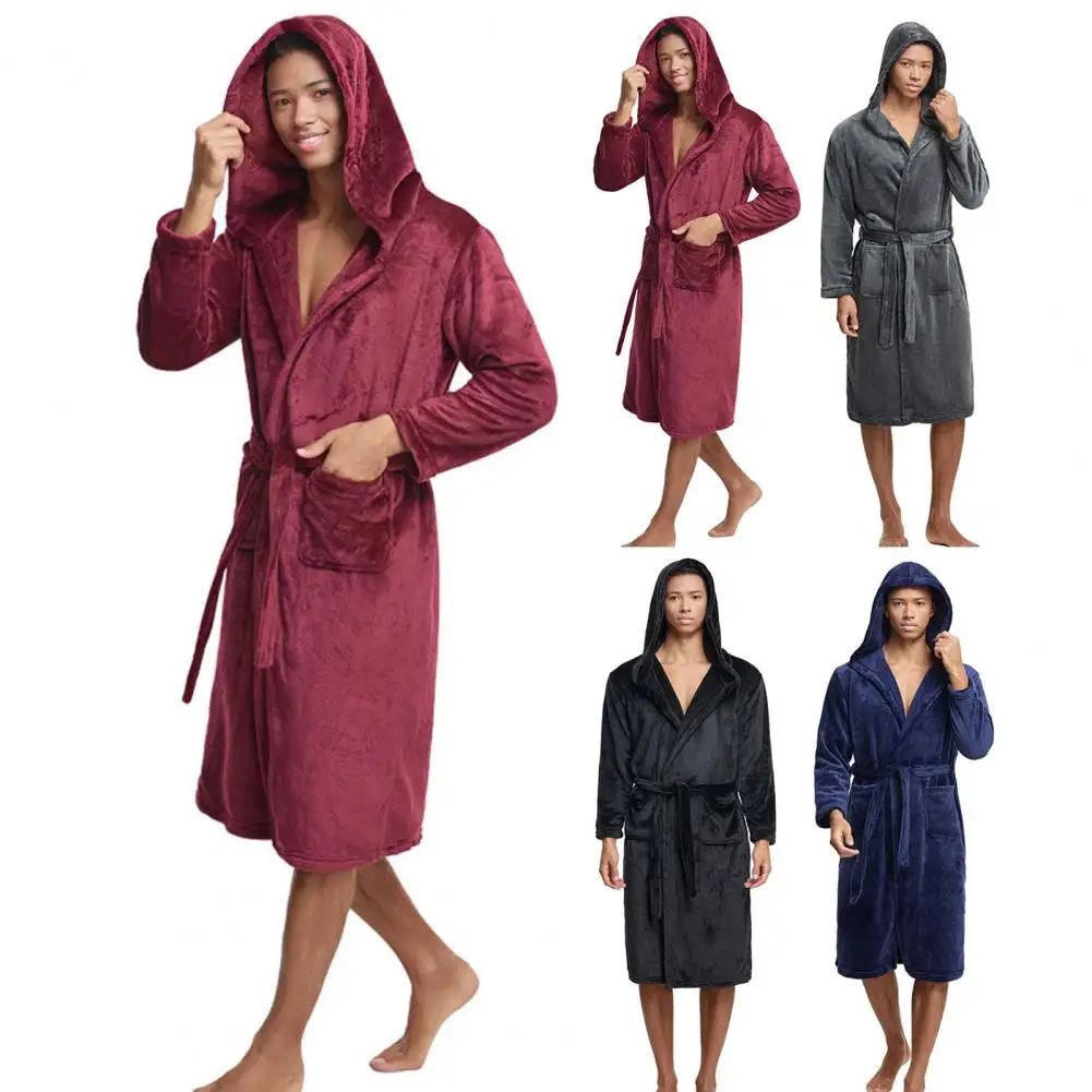 Men Hooded Nightgown For Winter Solid Color Long Sleeve Belt Flannel Bathrobe With Pockets Quick-Drying Knee-Length Loungewear