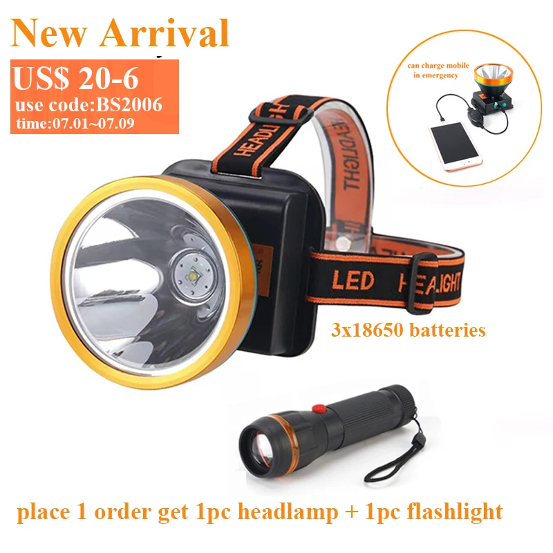 BS Powerful Rechargeable Headlamp with Battery Waterproof Ultra Bright Flashlight 18650 Headlamp Night Fishing LED Headlight