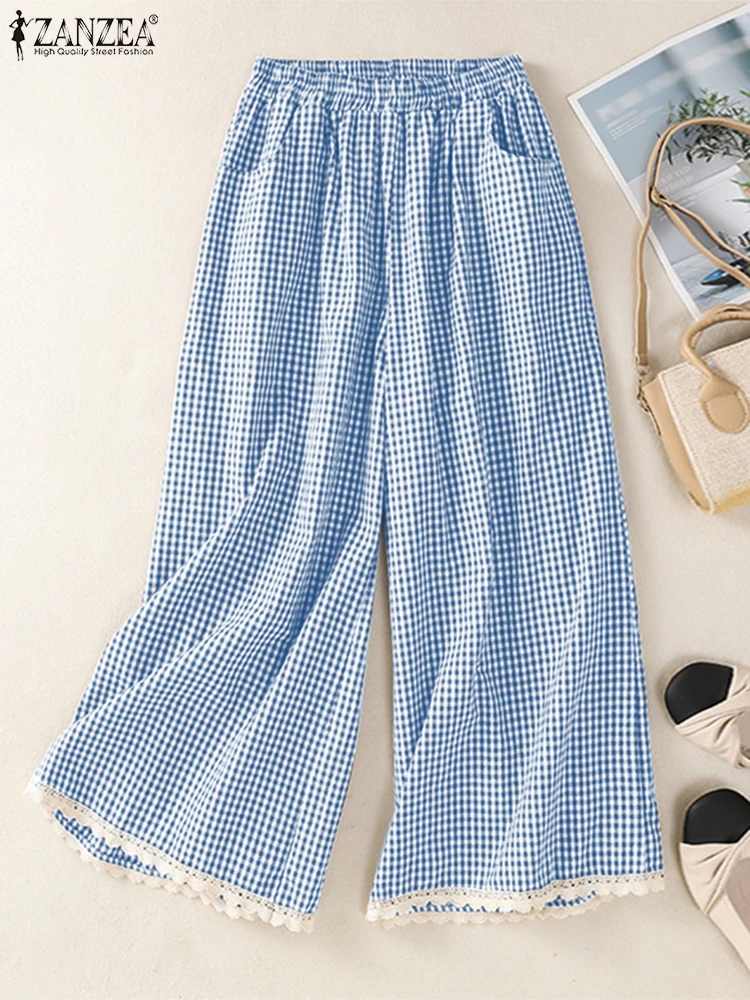 ZANZEA Women Long Pants Plaid Lace Patchwork Trousers 2025 Casual Loose Elastic Waist Pleated Wide Leg Pants Summer Bottoms