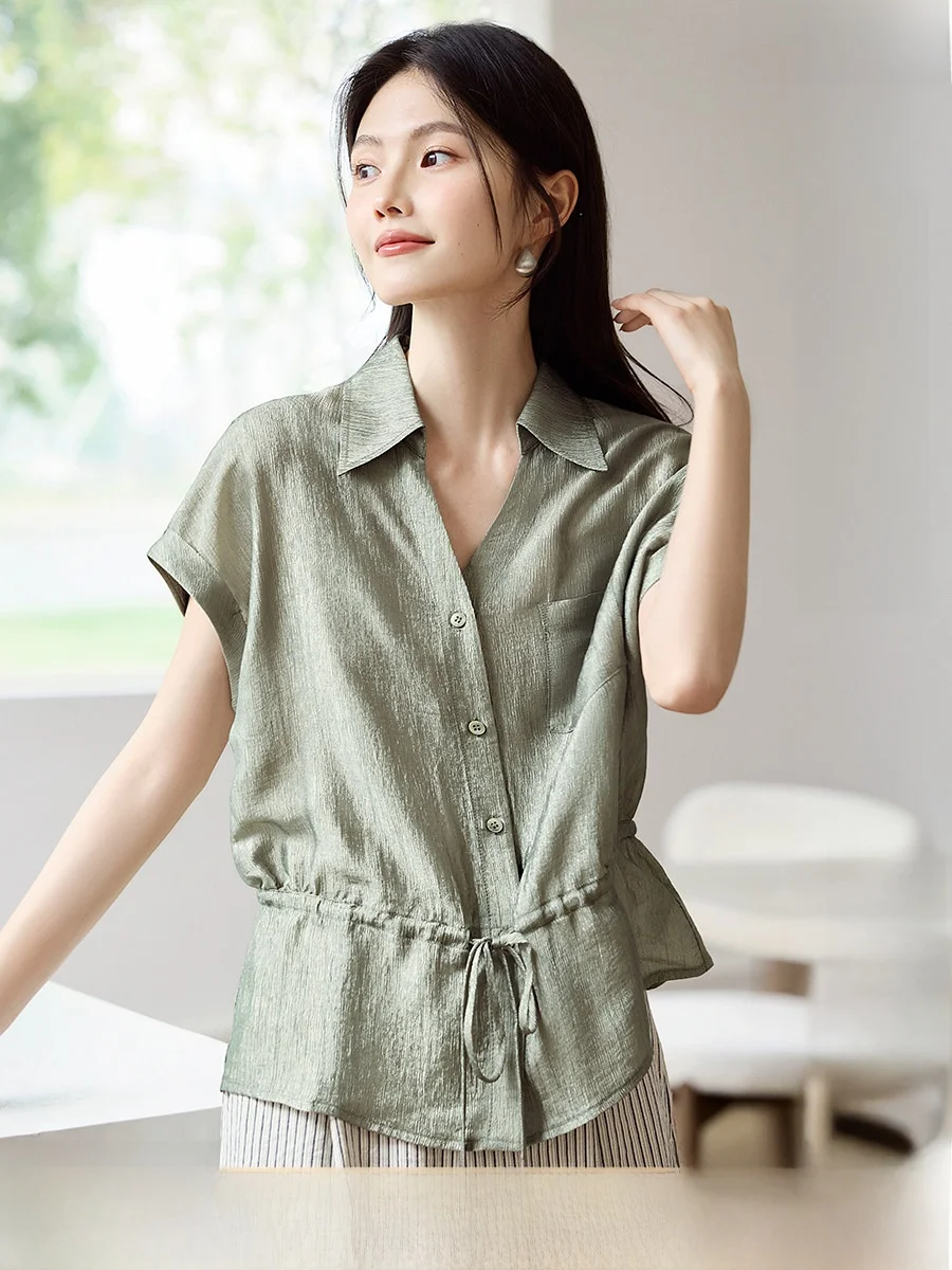 

Green Shirt Women's Thin V-neck Breathable Slimming Summer Business Casual Nylon Fabric Short Sleeve Straight Cut Shirt