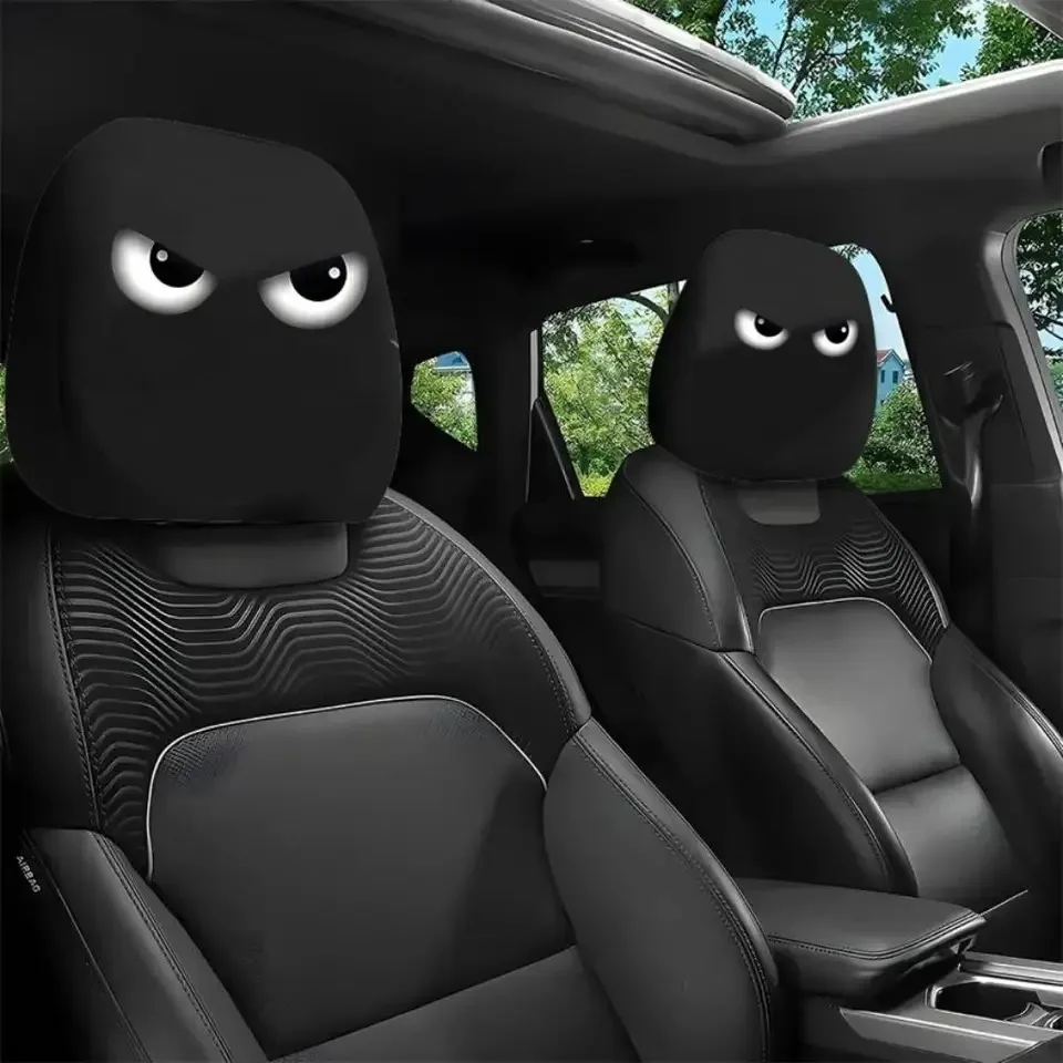 

2pcs Smiley Face Cartoon Print Car Headrest Covers Pillowcase Soft Comfortable Washable Polyester Seat Covers Car Accessories