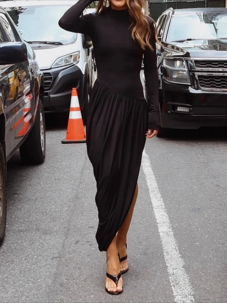 

Long Sleeve Ruched Side Slit Slim Fit Fall Winter Long Dress 2026 Women's Long Sleeve Dress Solid Color Semi-High Neck