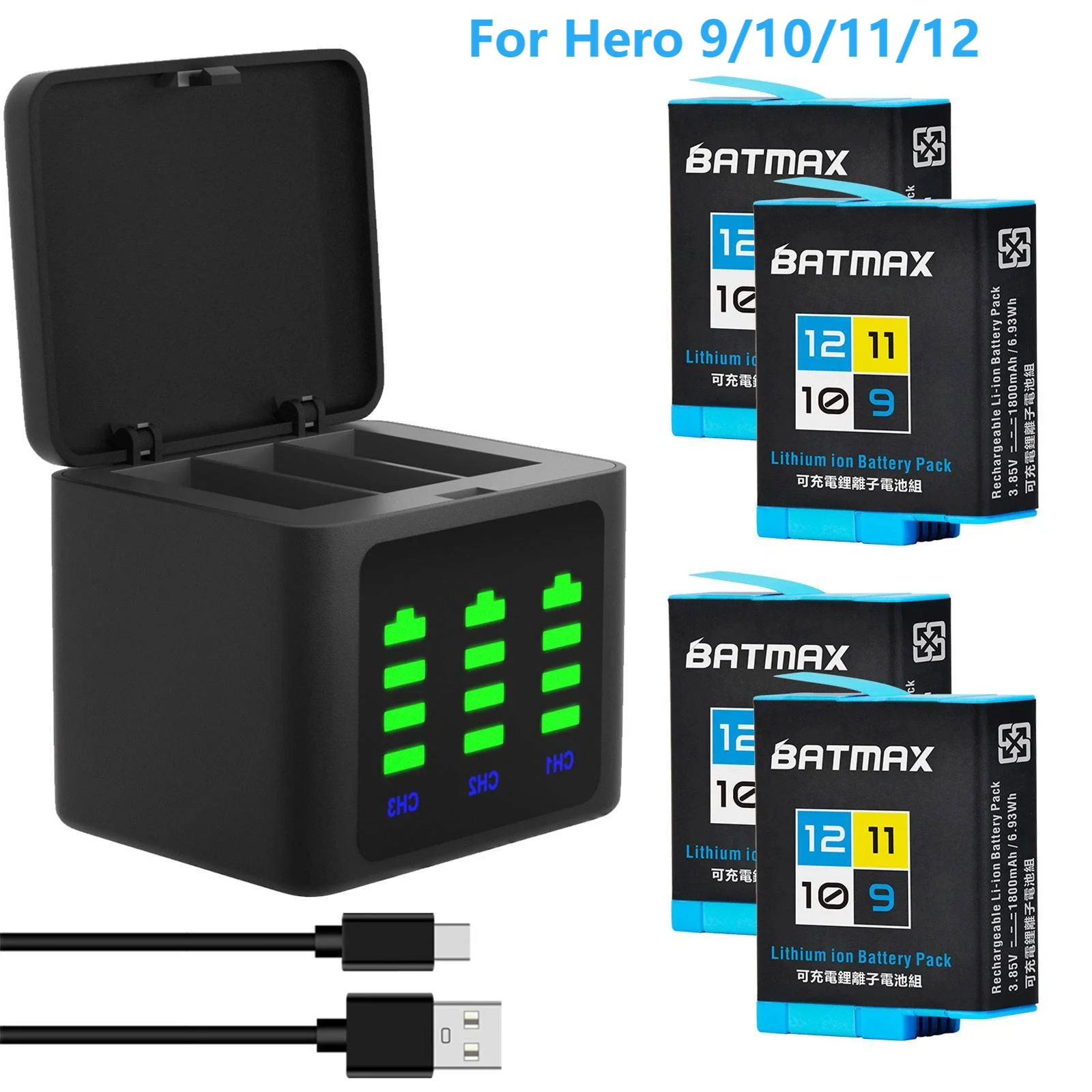 

Batmax 1800mAh Battery for Gopro 12 Bateria with LED 3Slots Storage Charger for GoPro Hero 10/9,New Gopro hero 11 hero 12 Camera