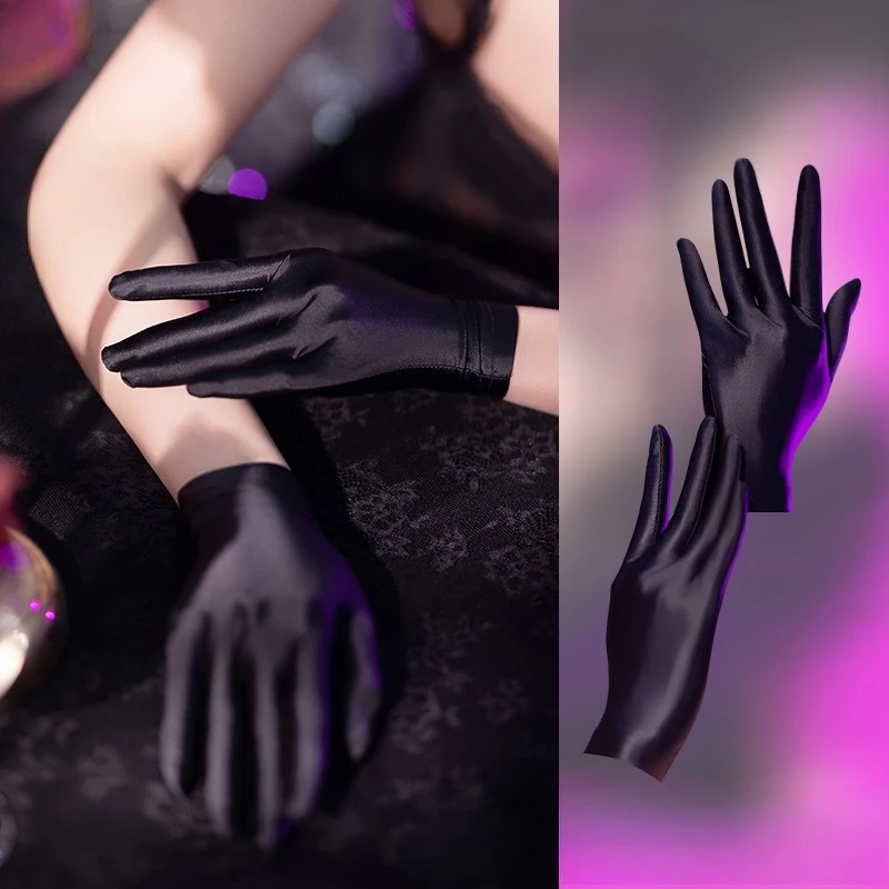 Women Sexy Gloves Black Oil Shiny High Elastic Smooth Couples Masturbation Ultra-Thin Five Fingers Short Gloves Exotic Lingerie