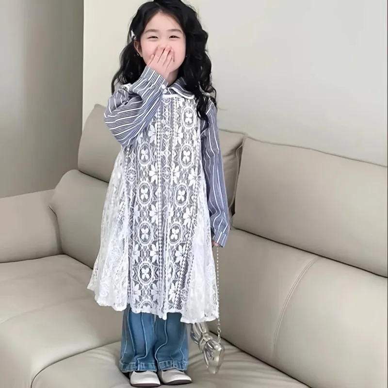 

Korean Style Girls' Shirt Three-Piece Set Autumn Baby Girl Lace Dress Vertical Striped Shirt Jeans Set