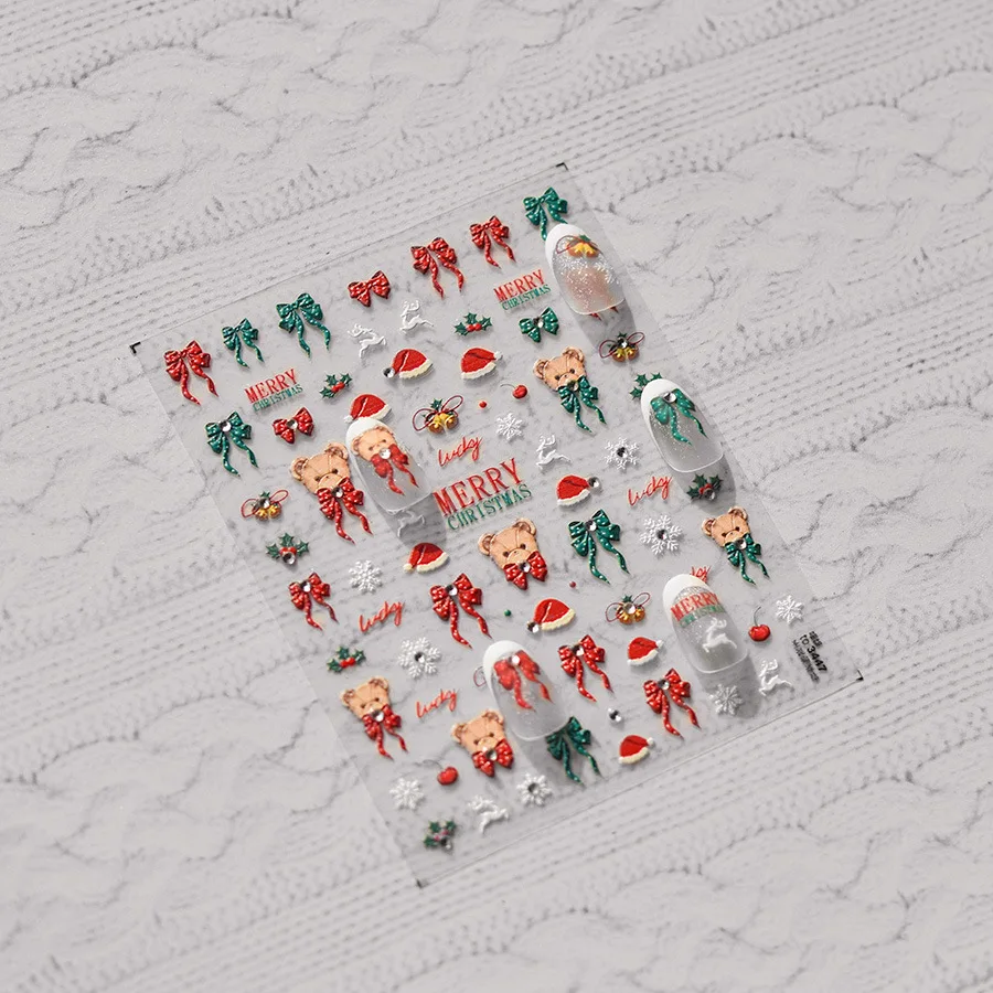 Nail Art Stickers Rhinestone Christmas Bow Japanese Cute Self Adhesive Film Decals Colorful Lightweight Manicure Decor for Girls