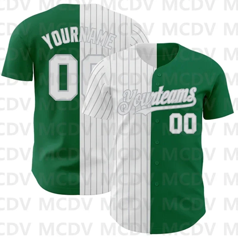 Custom Kelly Green White-Black Pinstripe Authentic Split Fashion Baseball Jersey 3D Printed Casual Team Shirts Unisex Tops