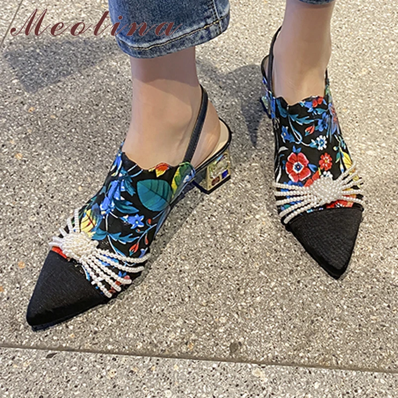 

Meotina Women Genuine Leather Slingbacks Pumps Pointed Toe Block Mid Heels Buckle Bead Mixed Colors Lady Fashion Shoes Summer 40