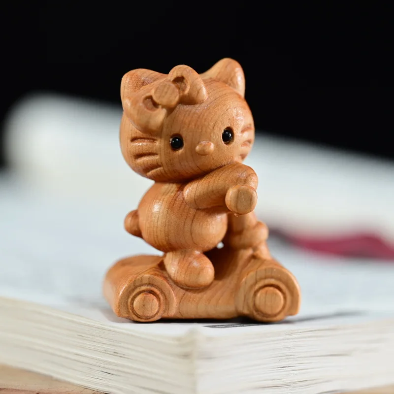 Wooden Carving Scooter Kt Cat Solid Wood Carving Craft Doll Cartoon Luck Charm Gift Tabletop Decoration Cute Collection Ornament