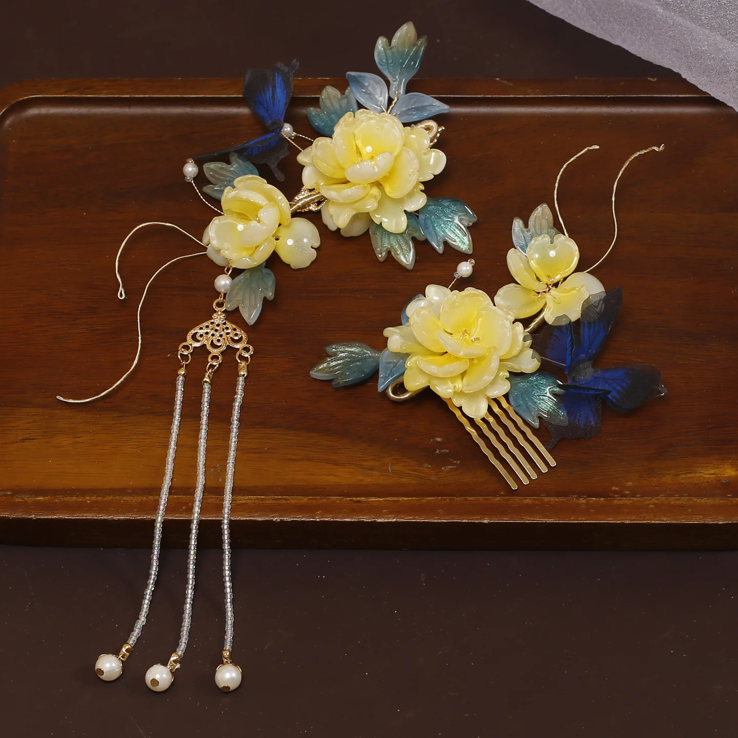 Chinese Style Yellow Glaze Flower Hair Accessories Set Tassel Hair Clip Hair Comb Hanfu Hair Jewelry For Cosplay Photo Shoot Wed 2