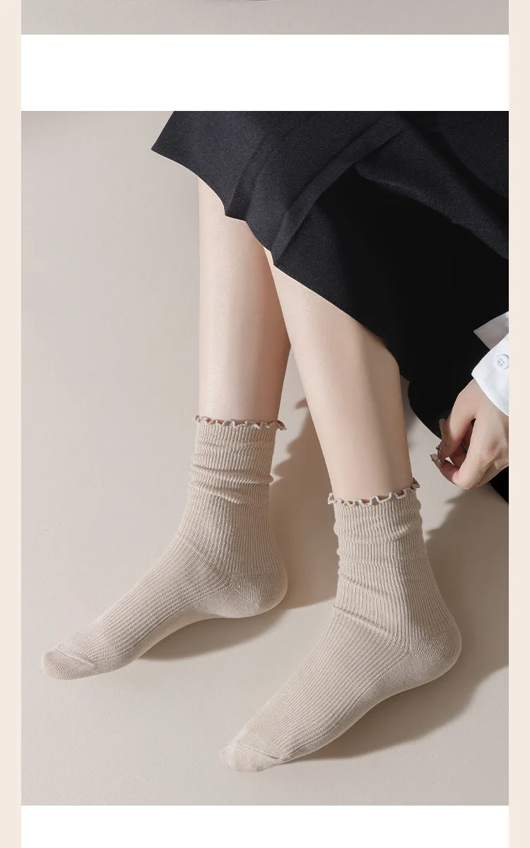 6 Paar Rüschensocken für Damen, Baumwolle, einfarbig, mittellange Socken, niedliche, kawaii, koreanische, atmungsaktive, schwarz-weiße kurze Strümpfe – Detail 9