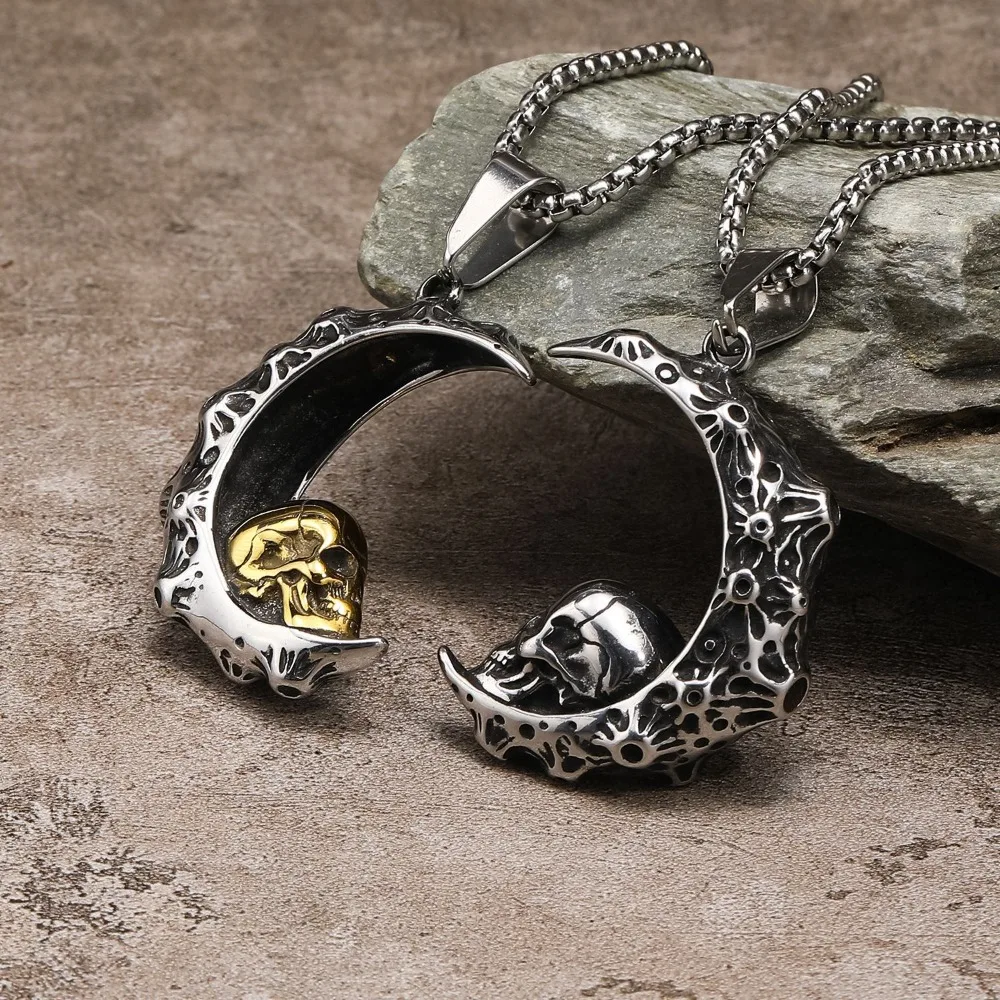 

Vintage Personalized Trend Dominant Hip Hop Necklace Crescent Skeleton Ghost Head Men's Stainless Steel Pendant