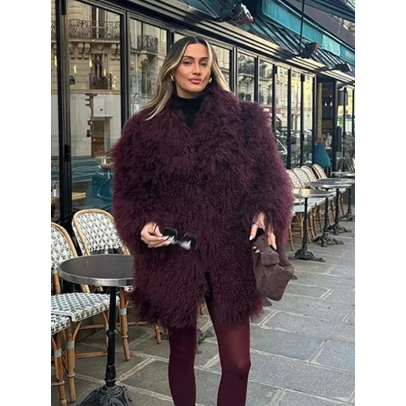 2024 Winter New Burgundy Fluffy Fur Coat Women Oversize Long Sleeve Faux Fur Plush Jackets Female Commute Street Outwear