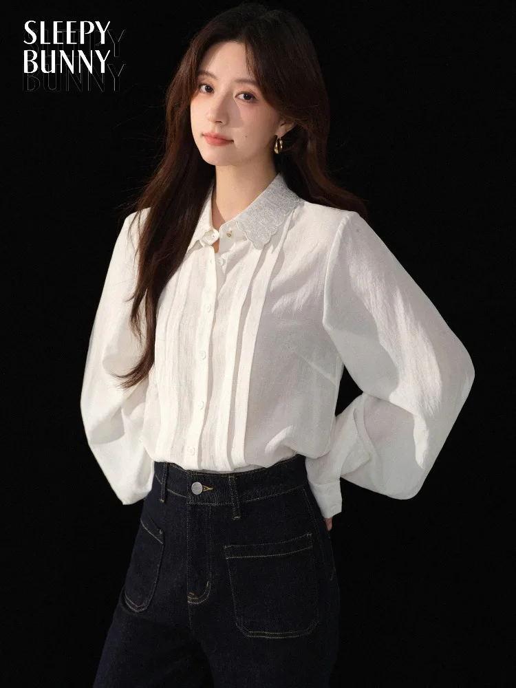 

Elegant Embroidered Collar Blouse Sweet White Long Sleeve Shirt Autumn Office Casual Top for Women Vintage Design Daily Wear