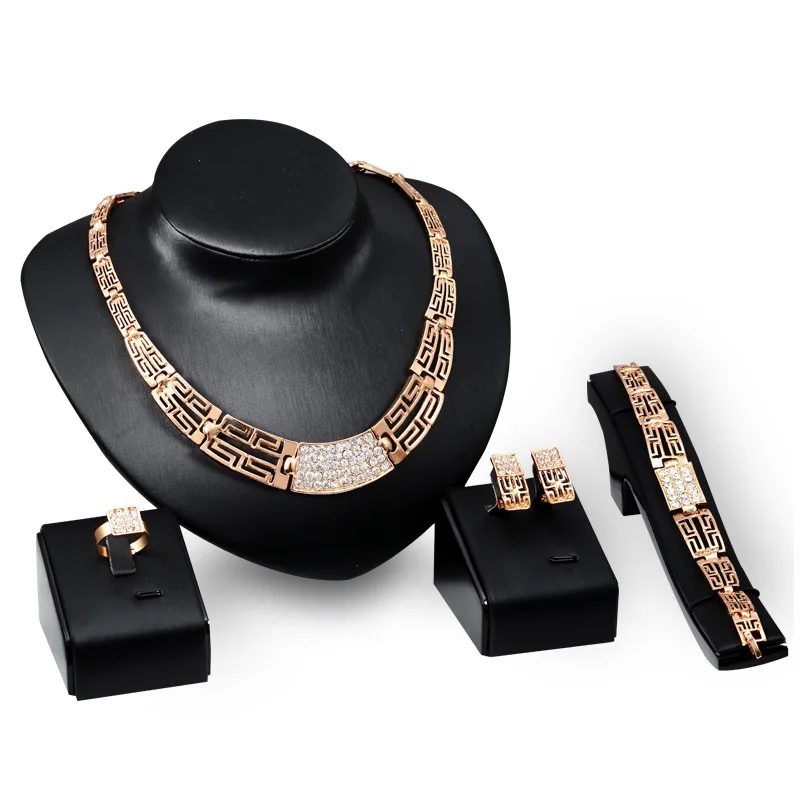 Exaggerated Personality Africa Fashion Gold Plated Jewelry Set Rhinestone Necklace Earrings Ring Bracelet Four Piece