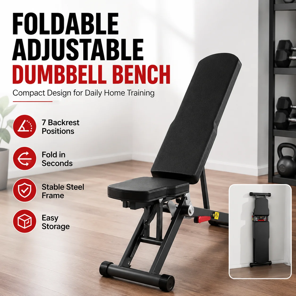 Adjustable Weight Bench 1000 LBS Quick Folding Alloy Steel Frame Home Gym Training Bench with Extended Head Support