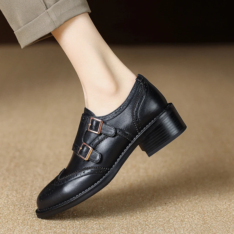 2024 Buckle Brogue Shoes for Women Vintage Oxfords Shoes Woman Cowhide Lady Flats Retro High-heel British Style Quality Oxfords