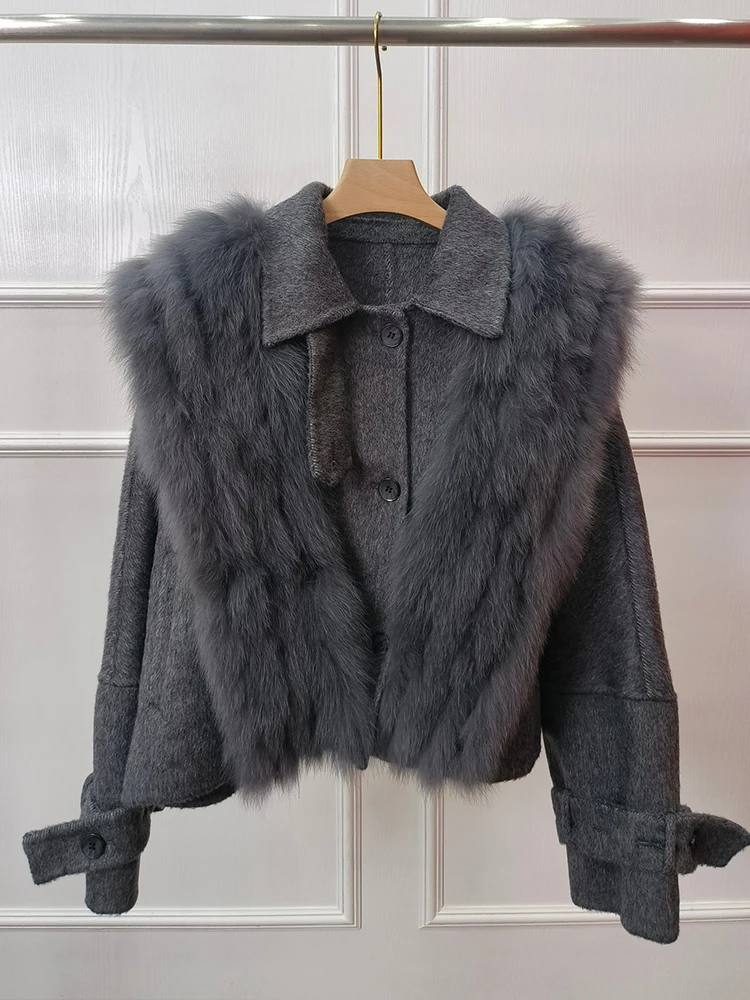 Abrigo de piel auténtica para mujer, Chaqueta corta de lana de Cachemira con cuello de piel de zorro Natural, ropa de abrigo femenina para otoño e invierno, 2024