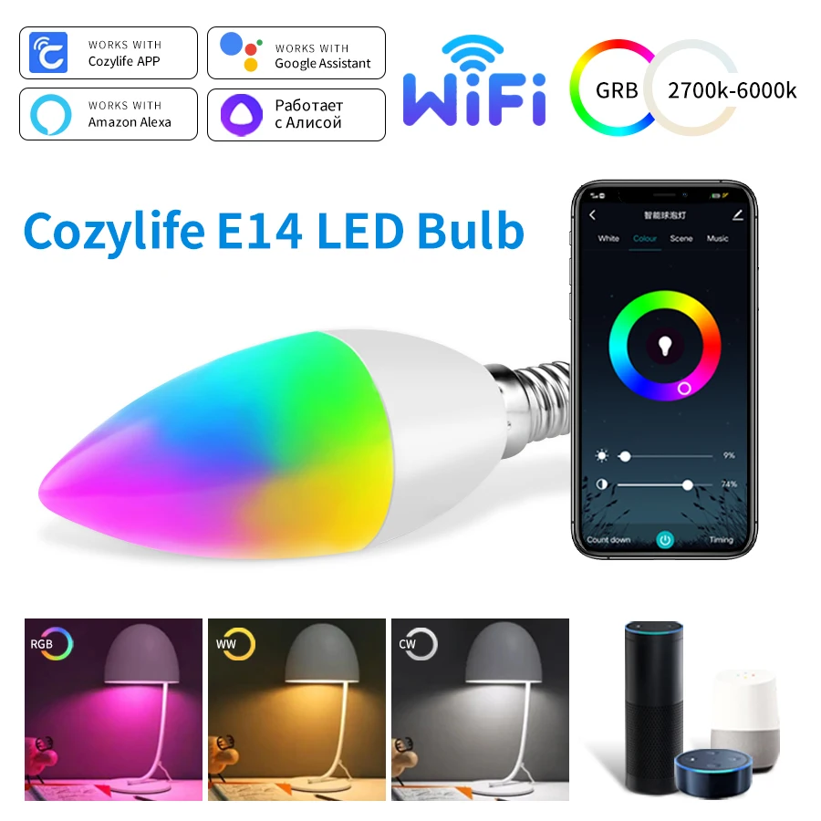 

Cozylife Smart WiFi LED Light Bulbs 85-265V 5W 7W 9W Dimmable E14 LED RGB Lamp Bulb Voice Control Works with Alexa Google Home