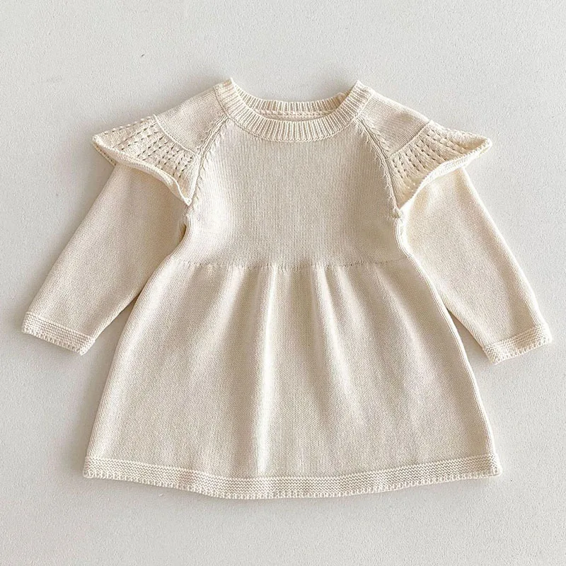 2024 New Autumn Children Knitted Clothes 1-6Yrs Girl Long Sleeved Solid Color Knitting Party Dress Kids Princess Dresses