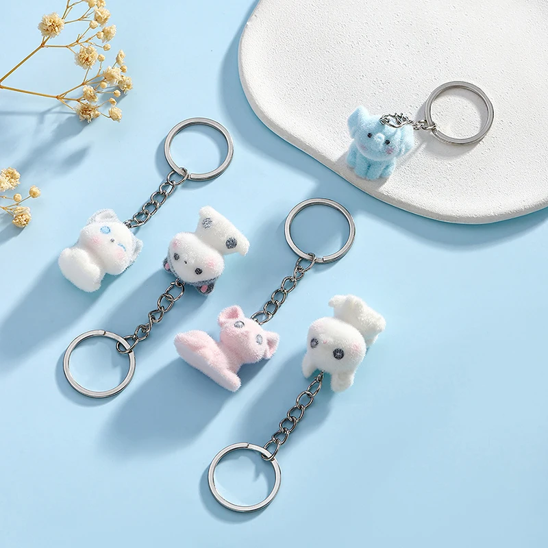 Cute 3D Flocking Kitten Elephant Keychain Resin Cat Couple Mobile Phone Pendant Car Keyring Earphone Backpack Charms Bag Decor