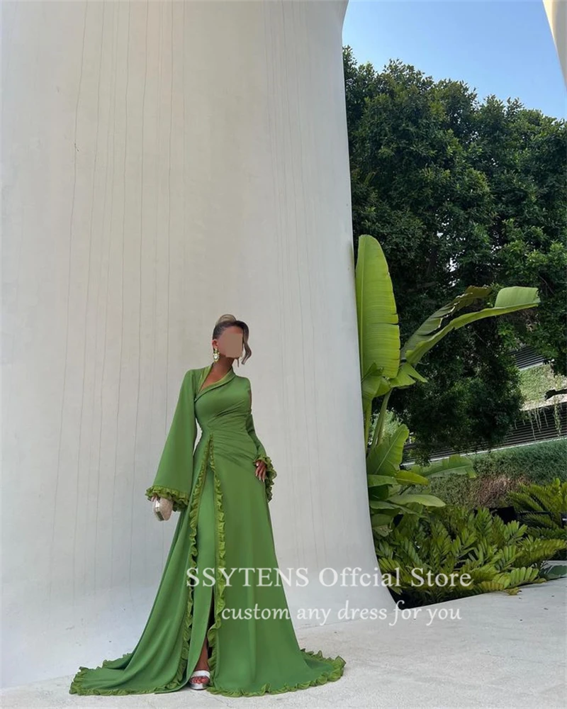 SSYTENS Graceful Arabic Evening Dresses Long Sleeves Green Prom Gowns فساتين سهرة Ruffles Formal Occasion Dress Robe De Soiree