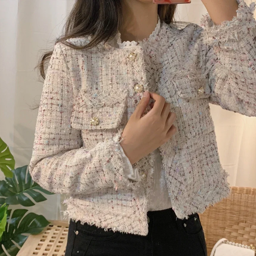 

Autumn Winter Tweed Jackets Women ZA O-Neck Long Sleeve Loose Wool Coat Single Breasted Coats Vintage Harajuku Luxurious Jacket