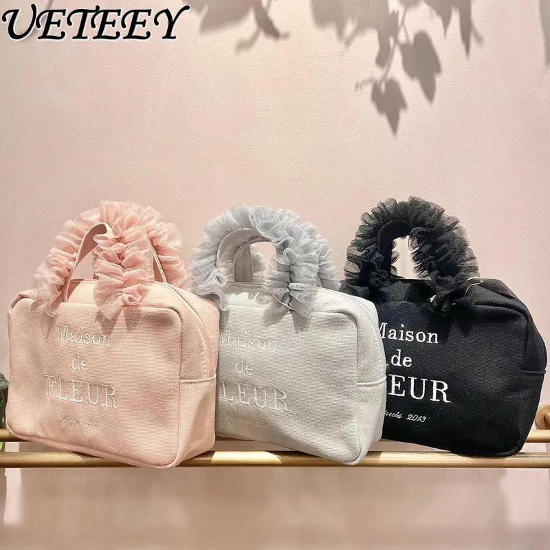 Japanese Style Thick Canvas Bag Female Sweet Lolita Bags Embroidered Lace Fungus Handle Small Square Portable Cosmetic Bag Girls