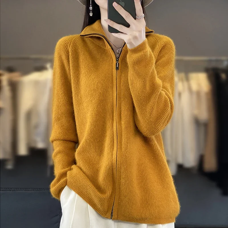 2023 Autumn Winter New Mink Fleece Cardigan Women's Half High Neck Long Sleeve Loose Solid Color Warm And Thick Knitted Cardigan