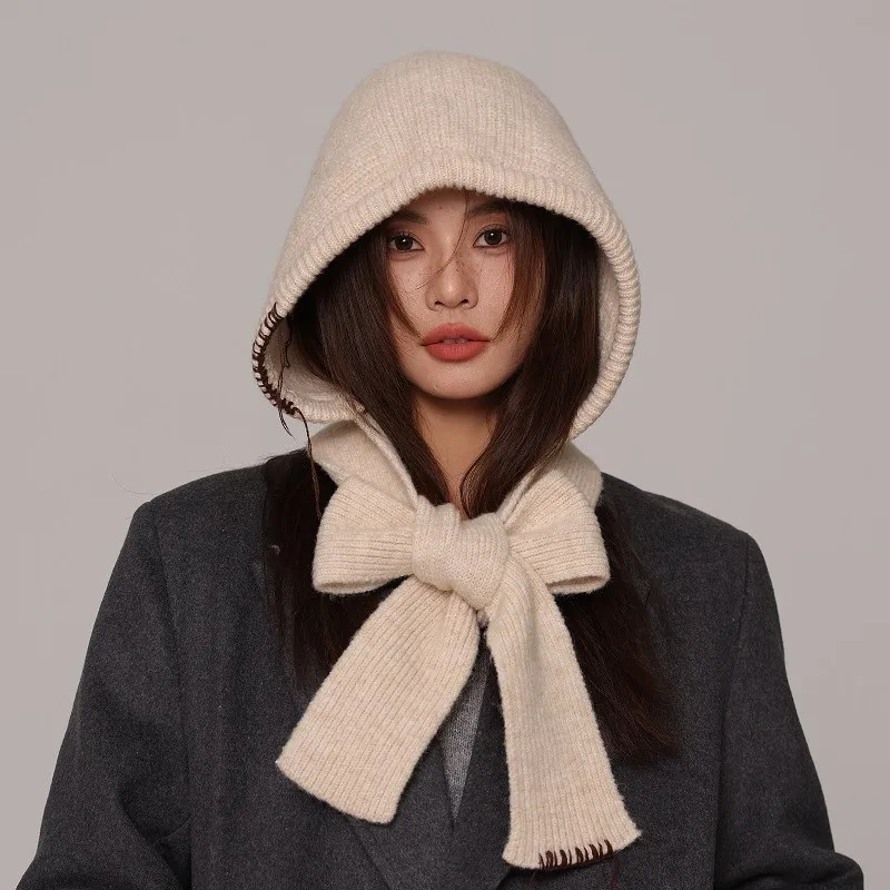 

Новая женская однотонная вязаная шапка, шаль «два в одном», утолщенный теплый шарф на шею для осенне-зимней верхней одежды, аксессуар
