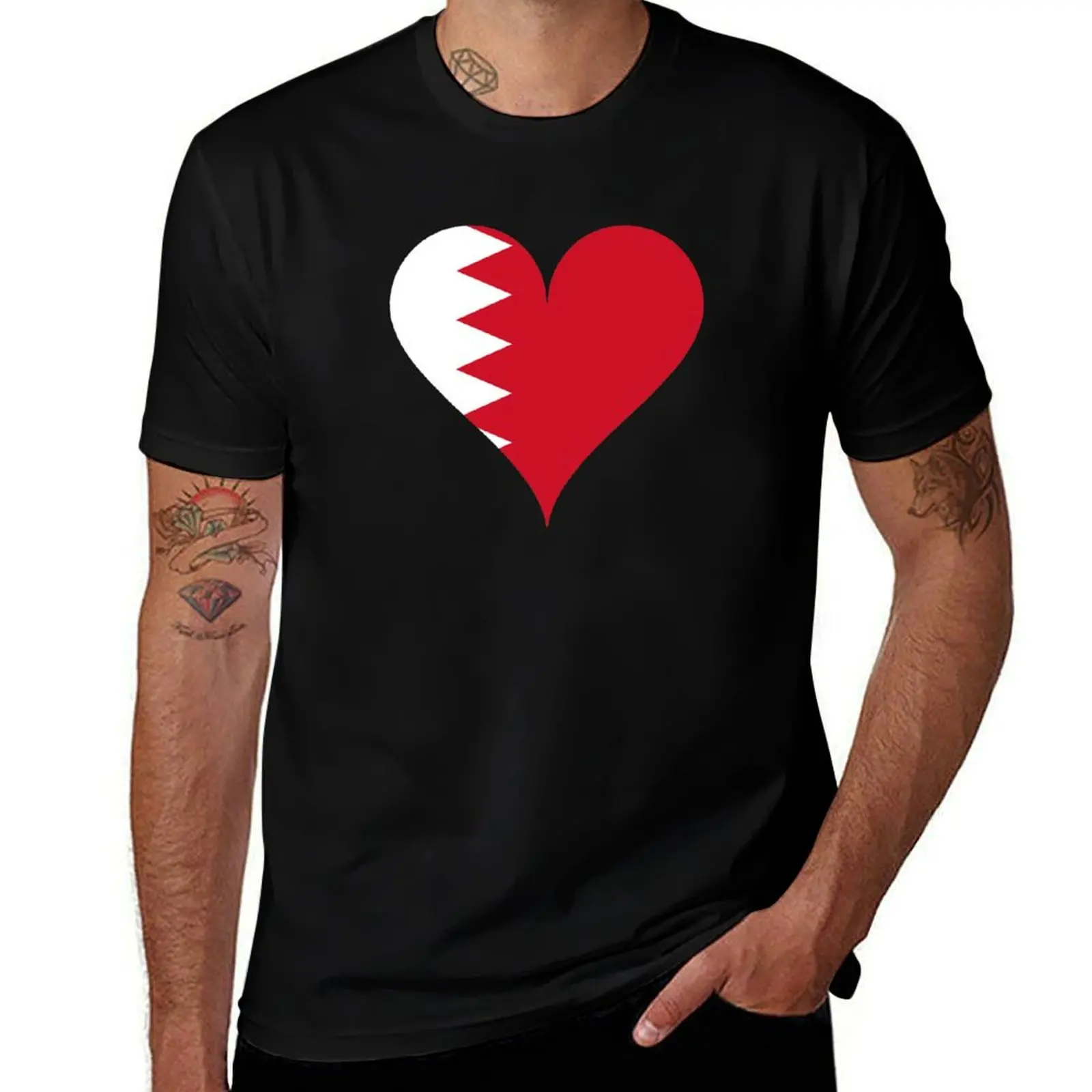 

Bahrain Flag Heart T-Shirt funny t shirts cotton g man t shirts for men t shirt man casual T-shirt