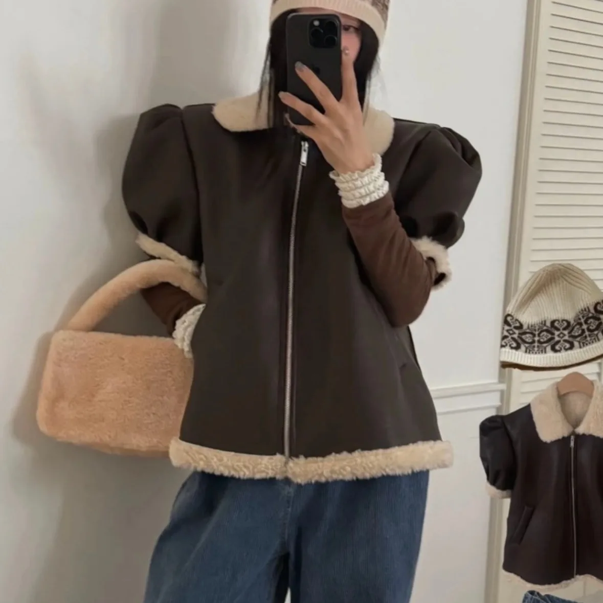 معطف نسائي أنيق بتصميم عتيق من الفرو الصناعي من Jaet مع ياقة مقلوبة من الجلد والفرو ملابس خارجية