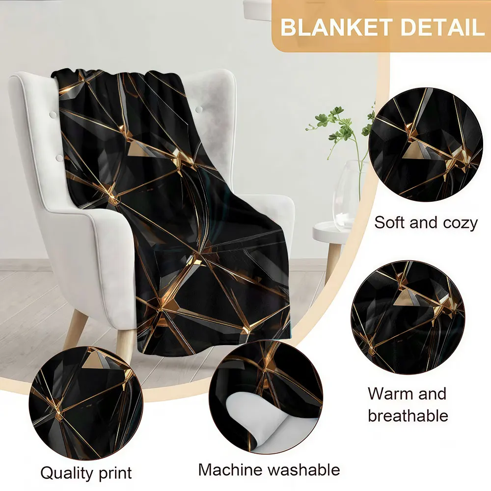 Black Gold Crystal Grid Soft Warm Flannel Blanket Lightweight Cozy Christmas Halloween Home Decor Room