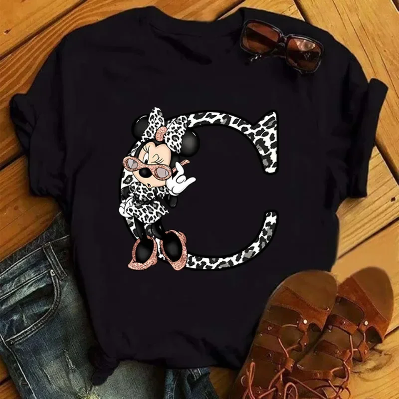 Disney Minnie Mouse A-Z Letters Children T-shirt Summer Short Sleeve Cotton Tshirt Boy Girl Clothing Fashion Top Casual Baby Tee